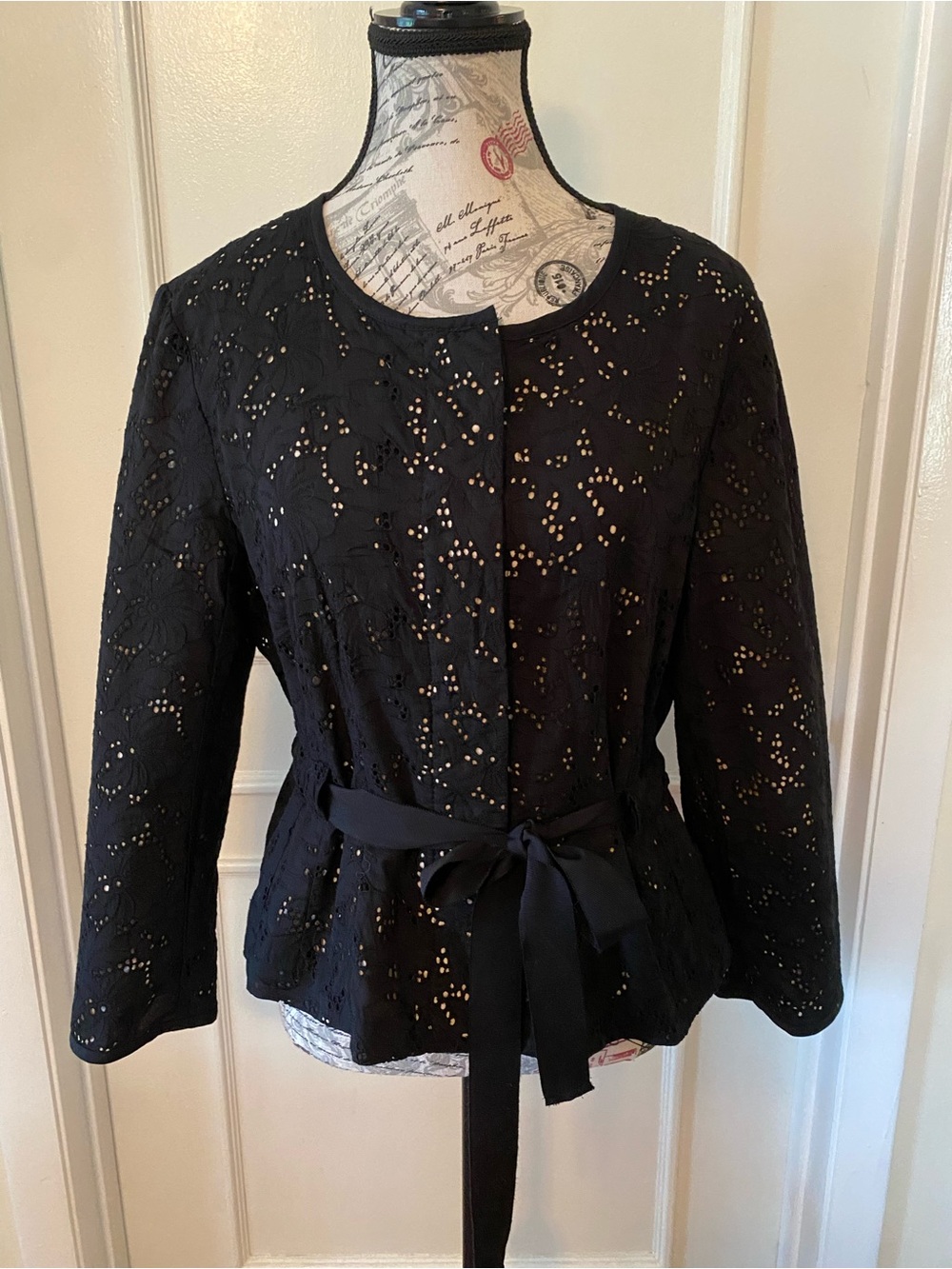 LOFT Eyelet Peplum Jacket Black Tie Waist Cotton Size 10 - Picture 3 of 14